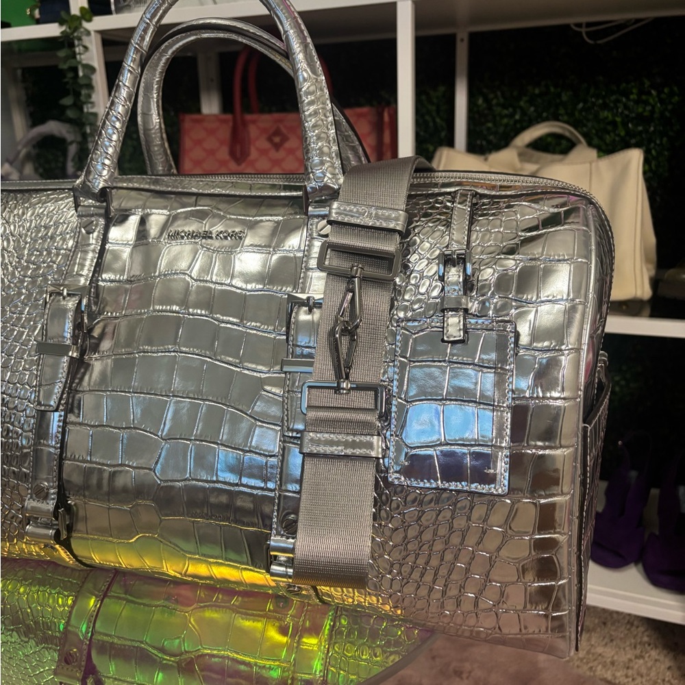 Michael Kors Silver Crocodile Embossed Duffel Bag NWT - Picture 4 of 16